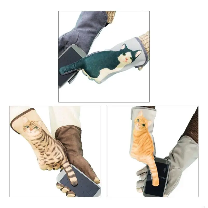 C9GE Women Winter Kitten Tail Finger Touchscreen Gloves Cartoon 3D Digital Print Faux Fleece Lined Thermal Warm Mittens