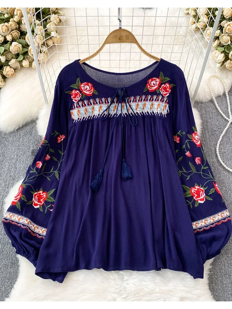 Women Spring Autumn Blouse Bohemian Vintage Lantern Long Sleeve Round Neck Embroidered Loose Pullover Shirt Casual Top D5081