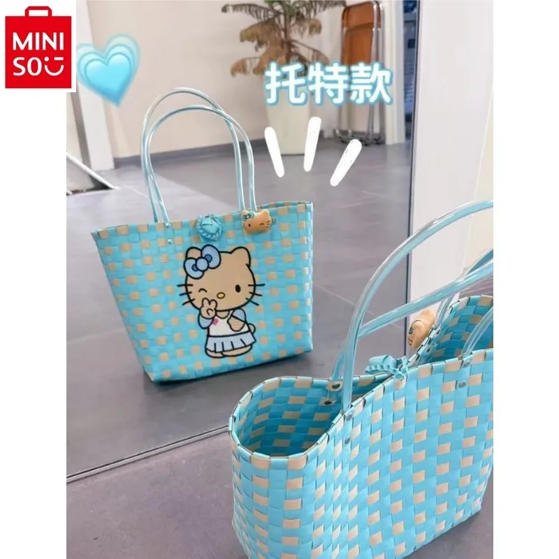 MINISO Hello Kitty High Quality Woven Handmade Large Capacity Vegetable Basket Bag for Women Sweet and Versatile Beach Bag