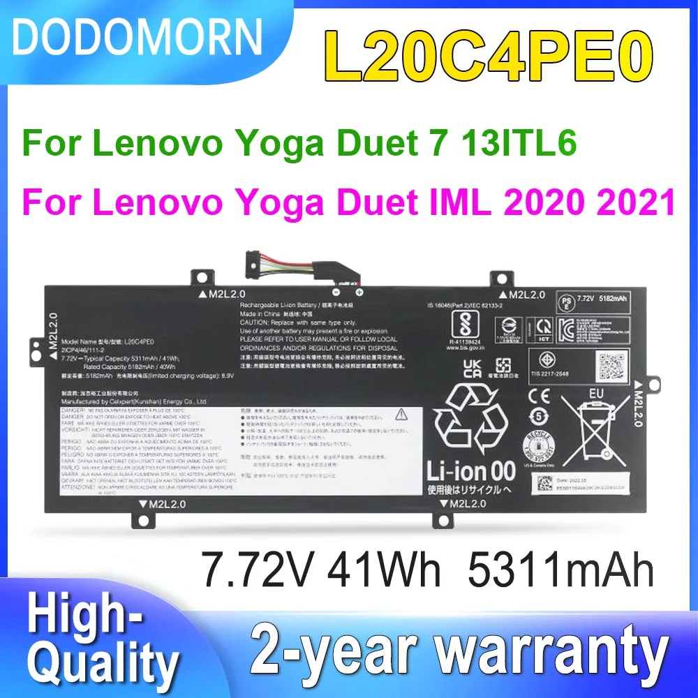 

DODOMORN L20C4PE0 L20M4PE0 Laptop Battery For Lenovo Yoga Duet 7 13ITL6/IML 2020 2021 Series L19M4PD8 L19C4PD8 7.72V 41Wh