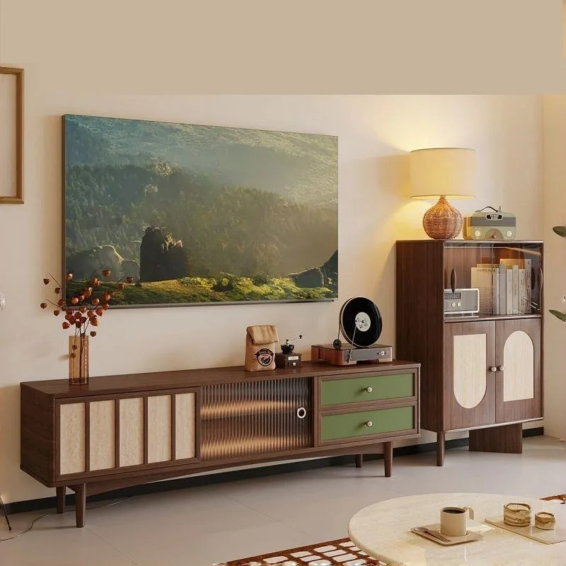 

Medieval solid wood TV cabinet living room household storage locker integrated high-footed TV cabinet