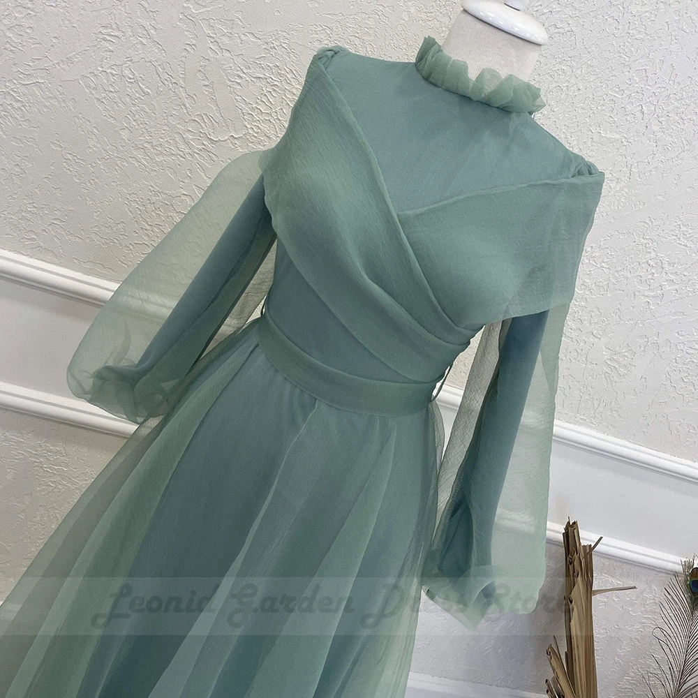 Vestido de baile muçulmano gola alta, vestidos de noite, elegante manga inchada, comprimento do chão, caftan marroquino, simples, verde