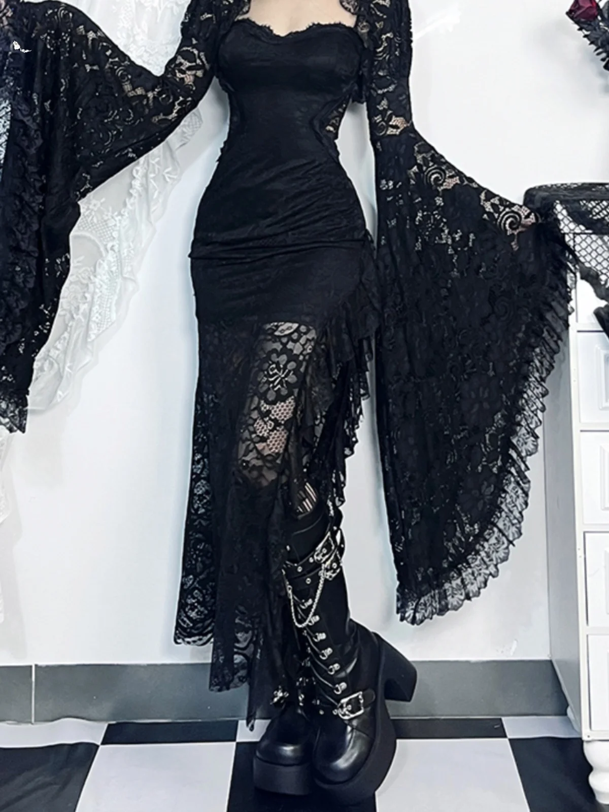 

Комплект костюма ведьмы на Хэллоуин, кружевная длинная юбка Sve Bla, сексуальная юбка с шилом, готический костюм для молодых женщин, модный костюм из двух предметов