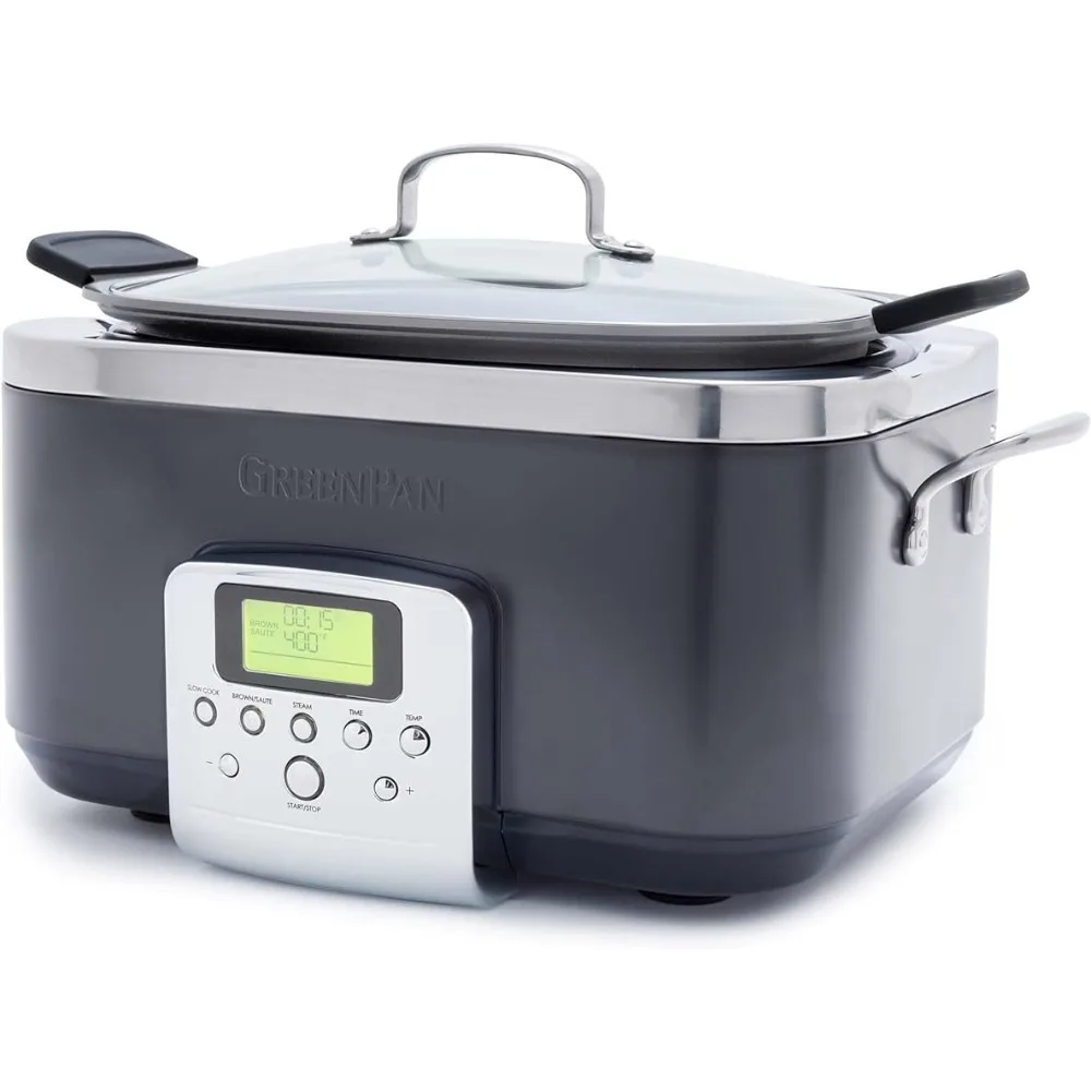 

8-in-1 Programmable 6QT Electric Slow， Dishwasher Safe Lid,Removable, PFAS-Free Nonstick Multi-Cooker,Sear,Steam,Graphite,Brown