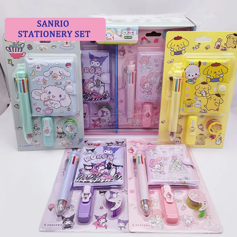 Sanrio Cartoon Stationery Black Beauty Notebook High Appearance Level 8-color Ballpoint Pen Highlighter Tape Sticker Set Gifts