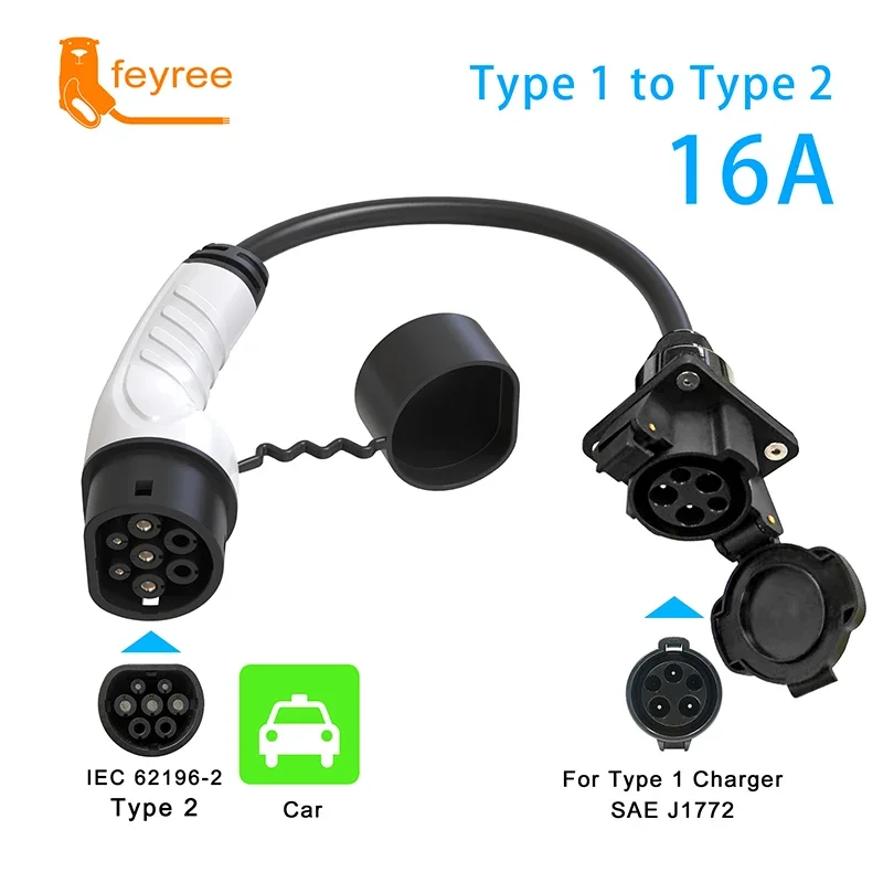Feyree EV Charger Adapter 0.5m Cable for Electric Vehicle Female Socket to 16A 32A Type2 IEC62196-2 EVSE Car Side Type1 J1772