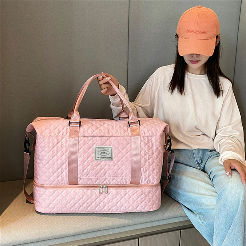 Women Storage Bags Oxford Cloth Folding Handbags Large Capacity Diamond Lattice Hand Luggage Travel Duffel Bags Multifunctional