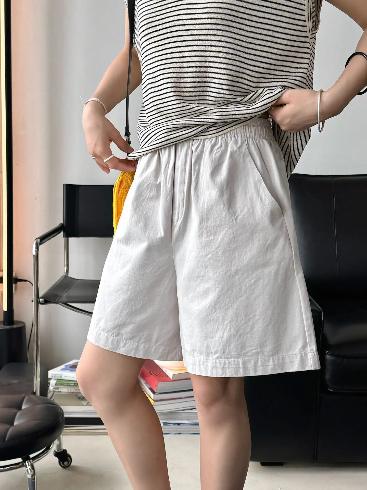 Pantaloncini larghi a vita alta casual tinta unita da donna estivi