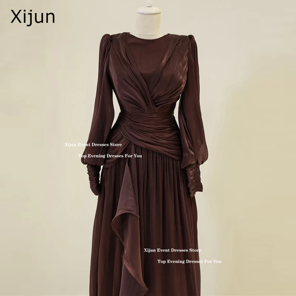 Xijun Modest Long Evening Dresses Luxury long Sleeves Pleats A-Line Prom Gown Silk Satin Formal Occasion Prom Dresses Customized