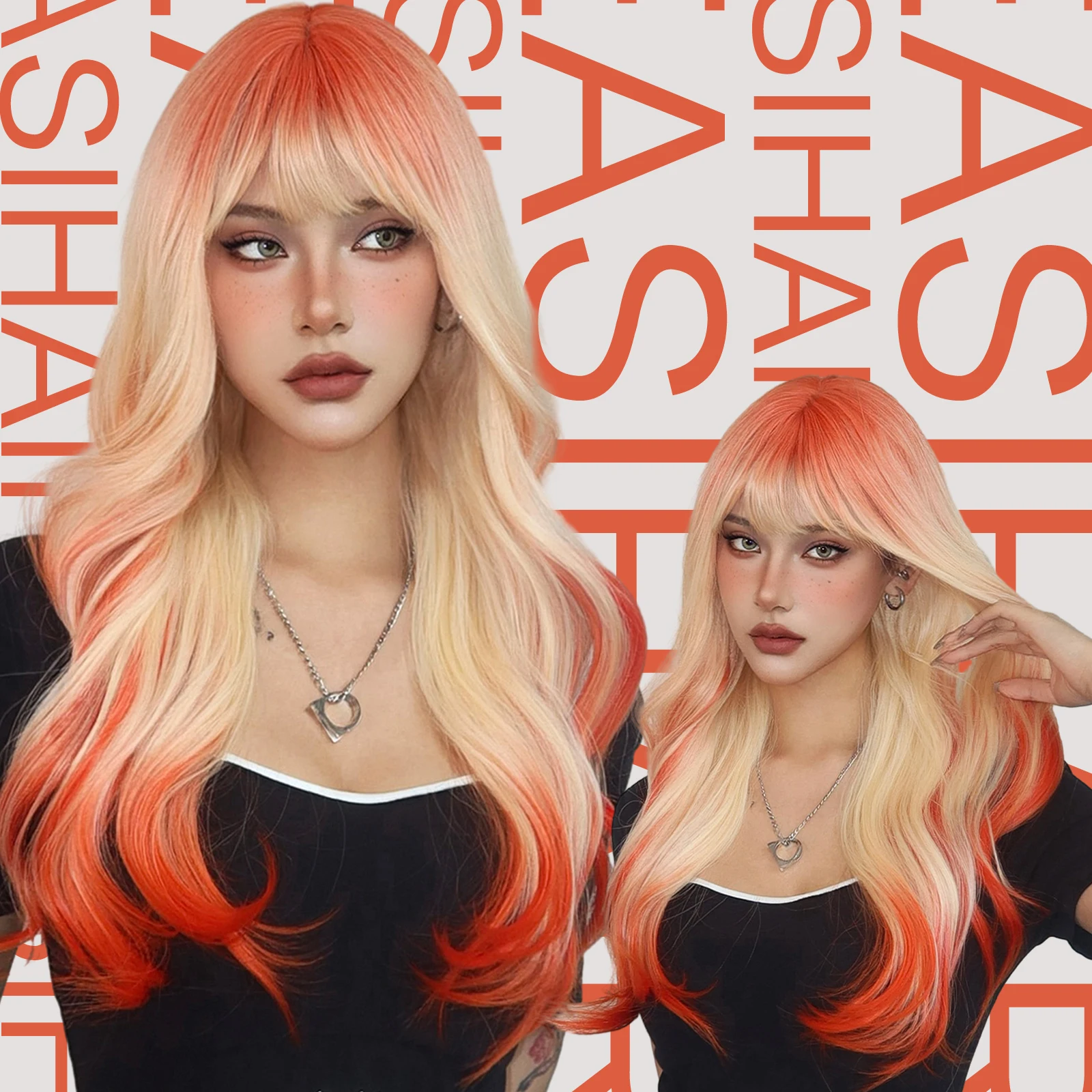 

EASIHAIR Orange Blonde Ombre Long Wavy Synthetic Wigs with Bangs Party Cosplay Wig for Women Natural Fake Hair Heat Resistant