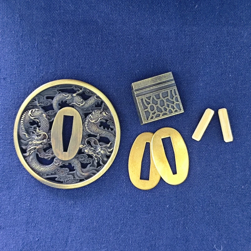 A Set Wrapped Leather Tsuka, Alloy Dragon Tsuba Guard, Menuki Fuchi Kashira Seppa Sword Accessories for Japanese Samurai Katana
