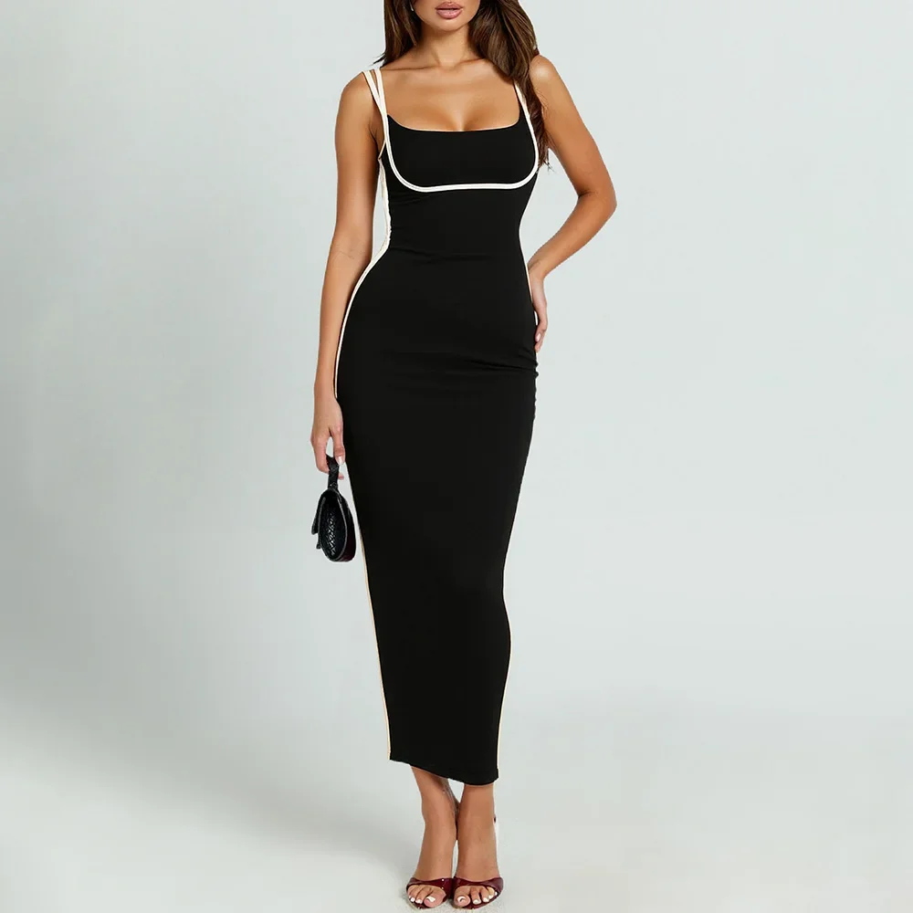 Dresses Summer Fitting Slim Korean Plain Bodycon Sleeveless Square Neck Cami Midi Vacation Dresses For Women