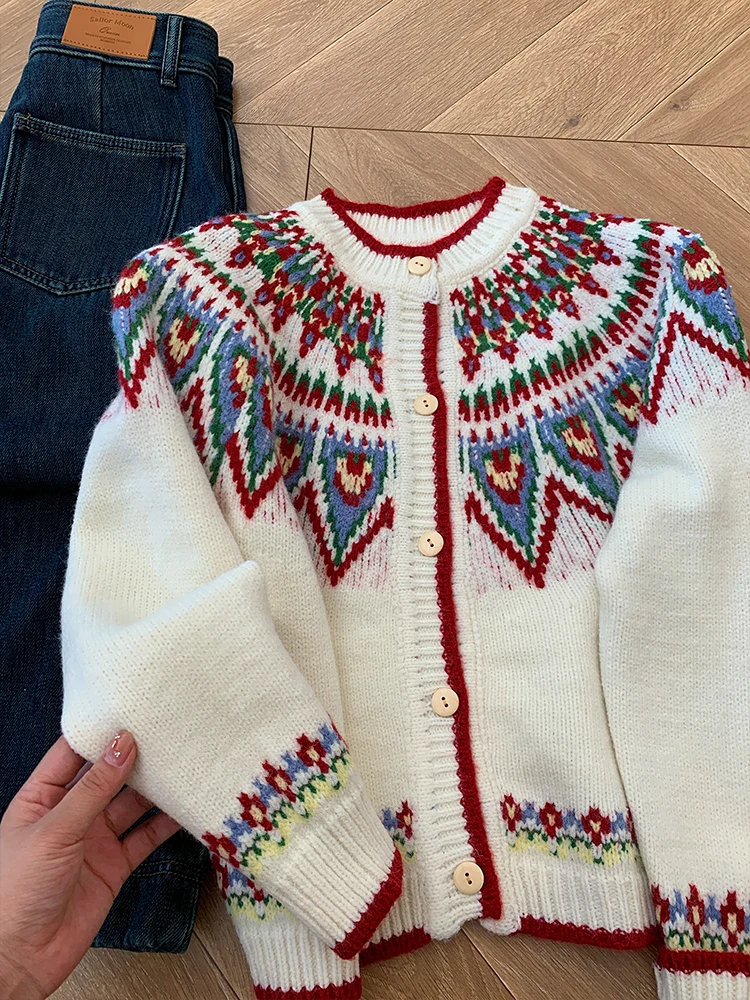 

Chic Jacquard Knitted Sweater For Women Autumn Winter Round Neck Single-breasted Cardigan Casual Short Outerwear