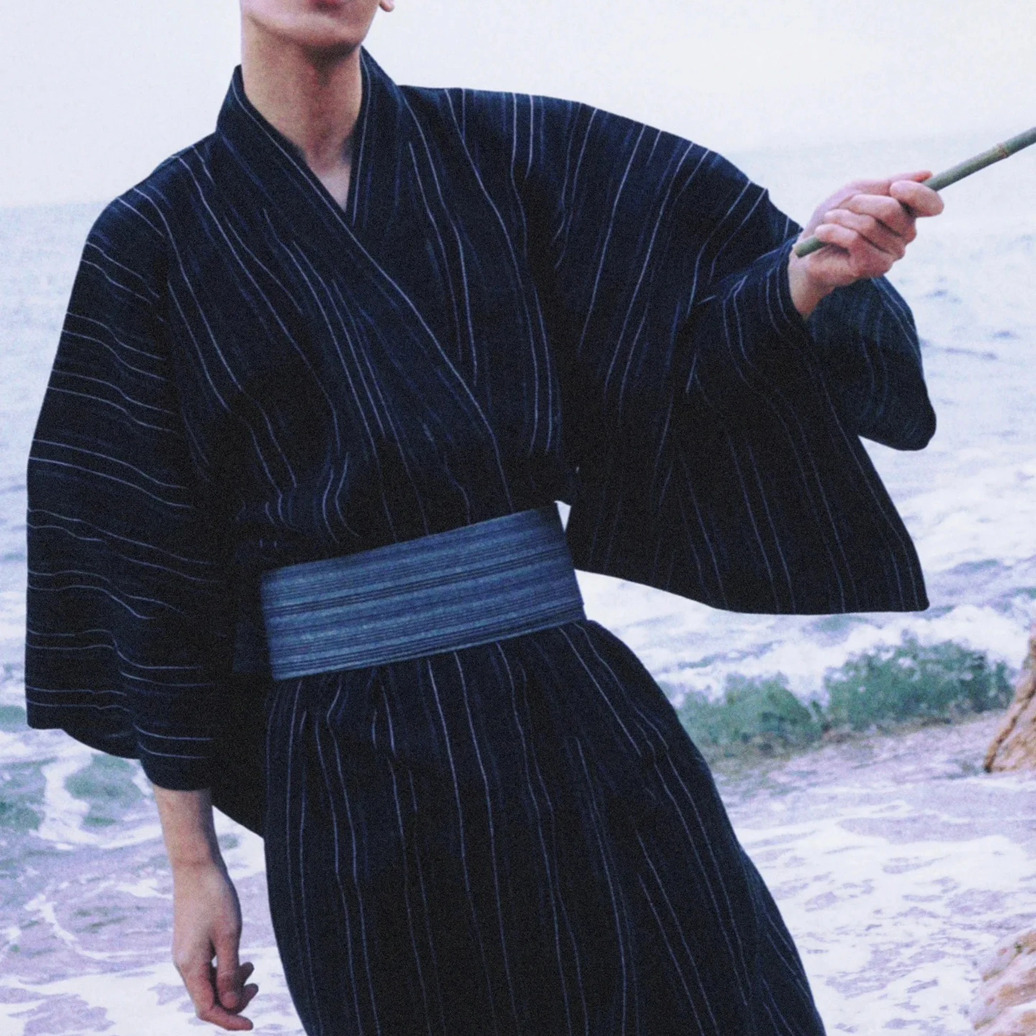 Black Summer Navy Japanese Traditional Samurai Kimono For Men Yukata Bathing Robe Hekoobi Loose Style Homewear Long Gown Cotton