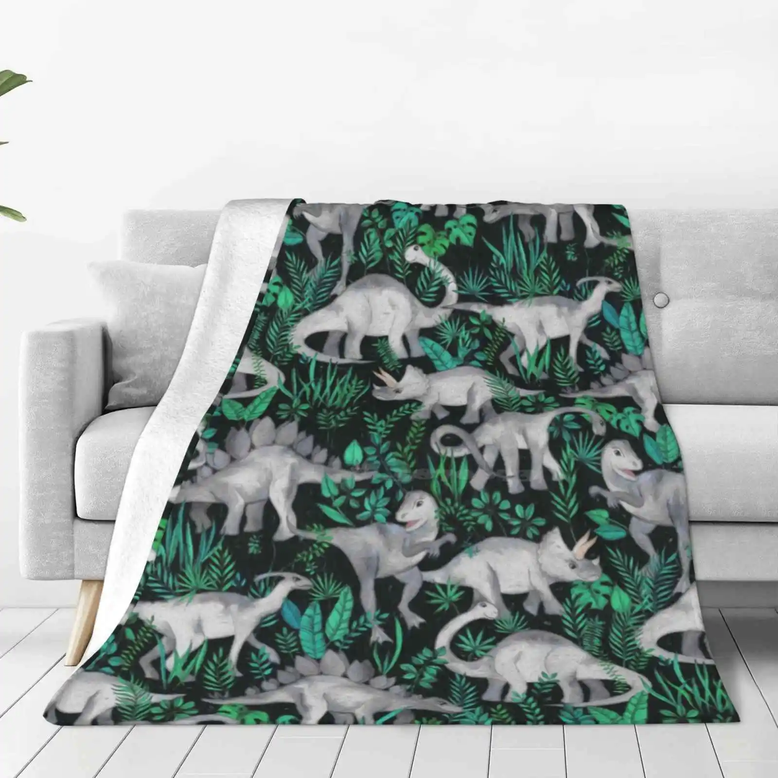 

Dinosaur Jungle Top Quality Comfortable Bed Sofa Soft Blanket Dinosaurs Pattern Jungle Midnight Tropical Leaf Leaves Animals