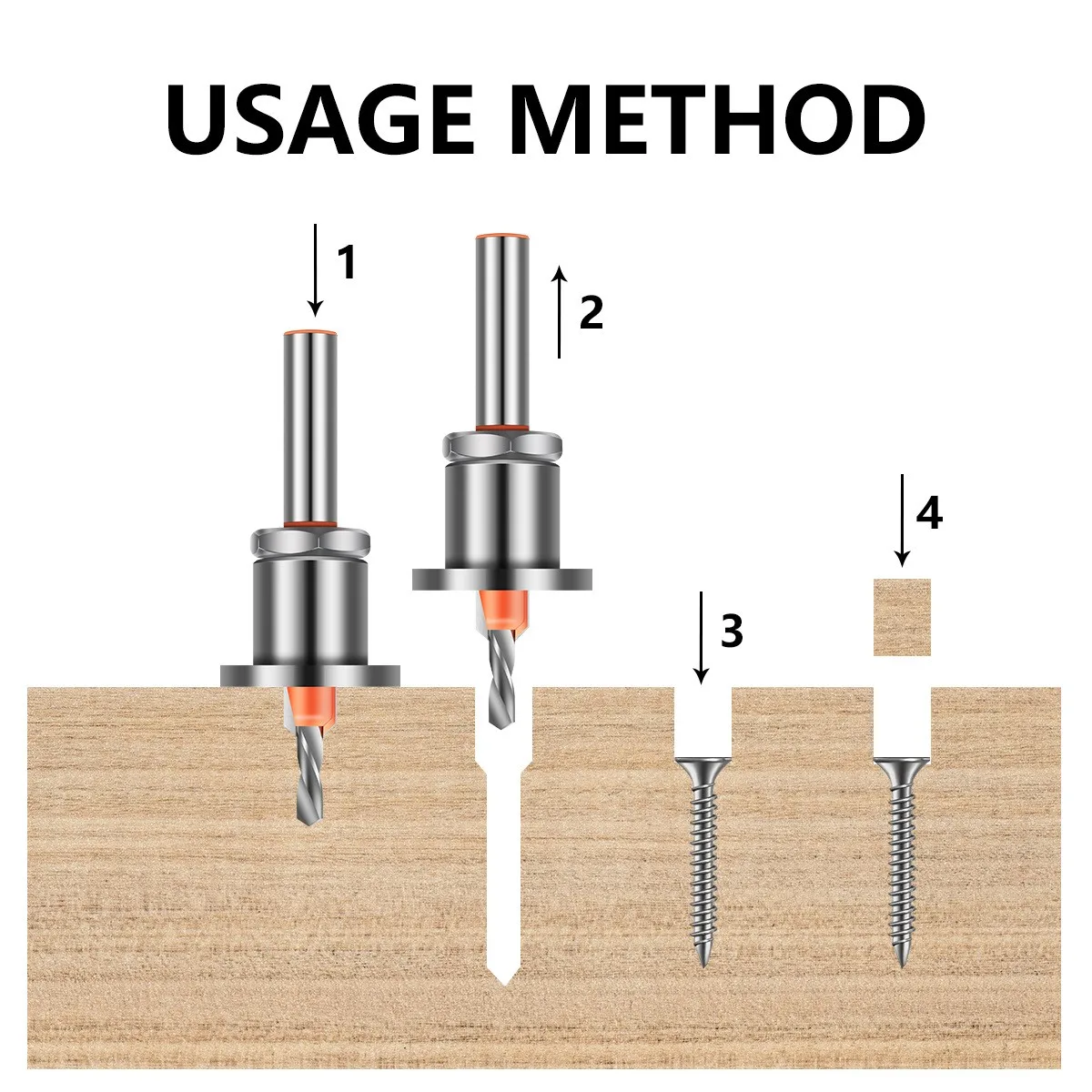 Sinking drill bits, alloy heads with limiters, taper drills, woodworking step drills, screw woodworking drill bits