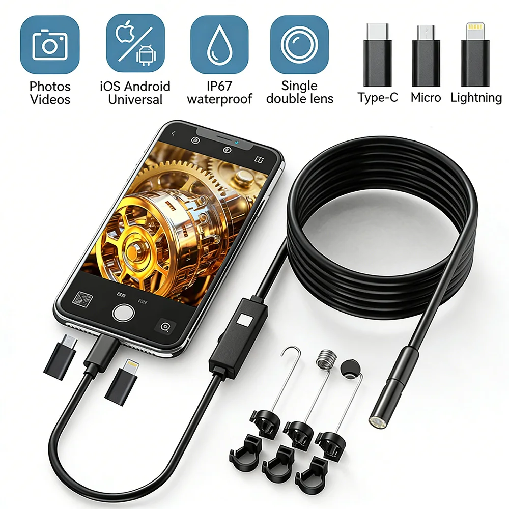Endoscope Camera with Light 1920P HD Borescope Inspection Device Camera Semi-Rigid Snake Camera IP67 Inspection for iphone ios
