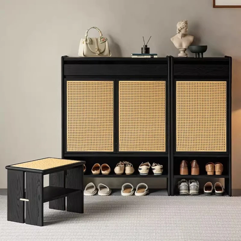 

Fujino shoe cabinet Solid wood entry porch cabinet Home door storage Rattan shoe rack with stool combination