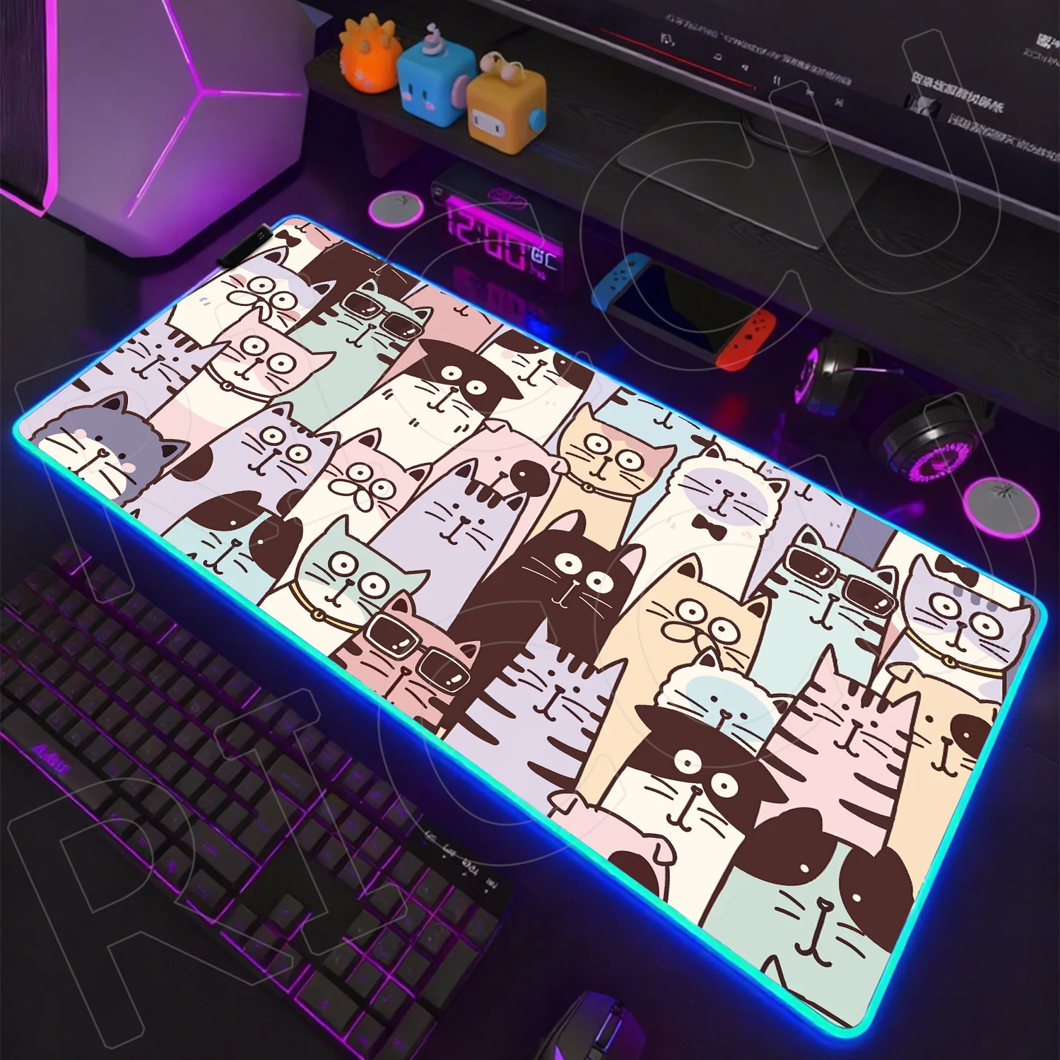

RGB Cat Large Non-slip Rug Mouse Pad Cute Big Kawaii Desk Mat 600X300MM Rubber Keyboard Mats DeskPad PC accessories LED MousePad