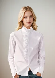 2024 spring new European and American clothing versatile fashionable simple casual shirt with fungus trim