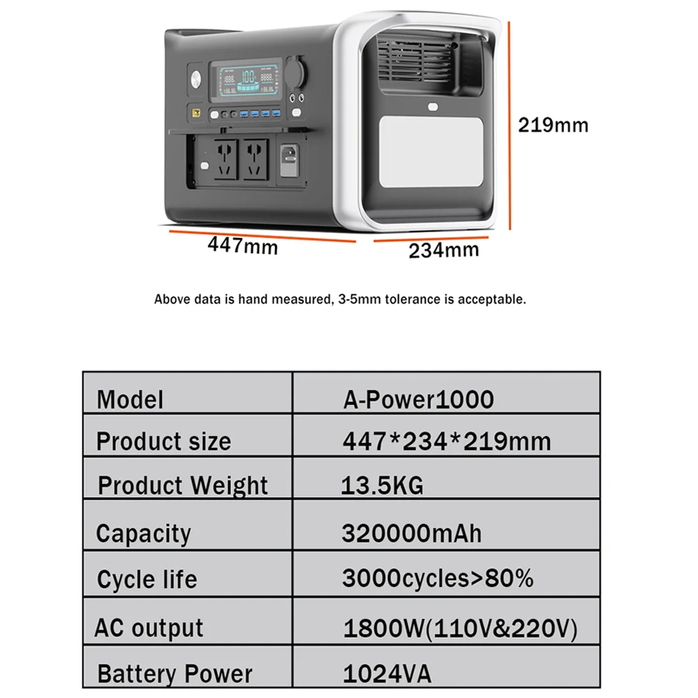 Estação de energia portátil para acampar home, máquina elétrica, bateria LifePO4, armazenamento de energia, fácil de transportar, 1800W, 1024WH, 220V