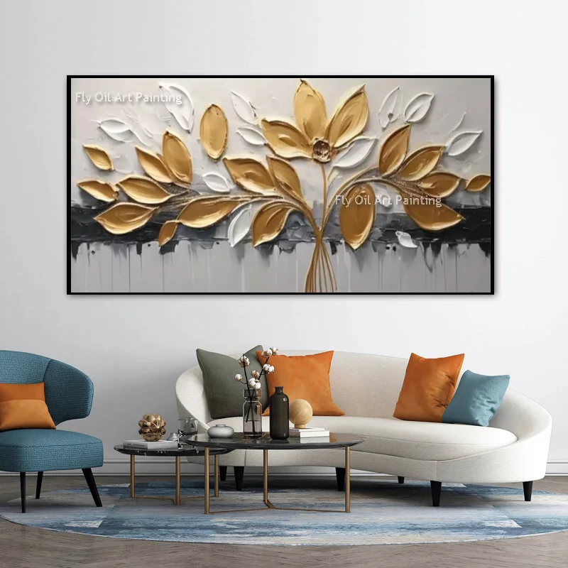 Fashional Design Golden Yellow Leaves Canvas Wall Art For Christmas Decorations Handpainted Gold White Flowers Oil Painting