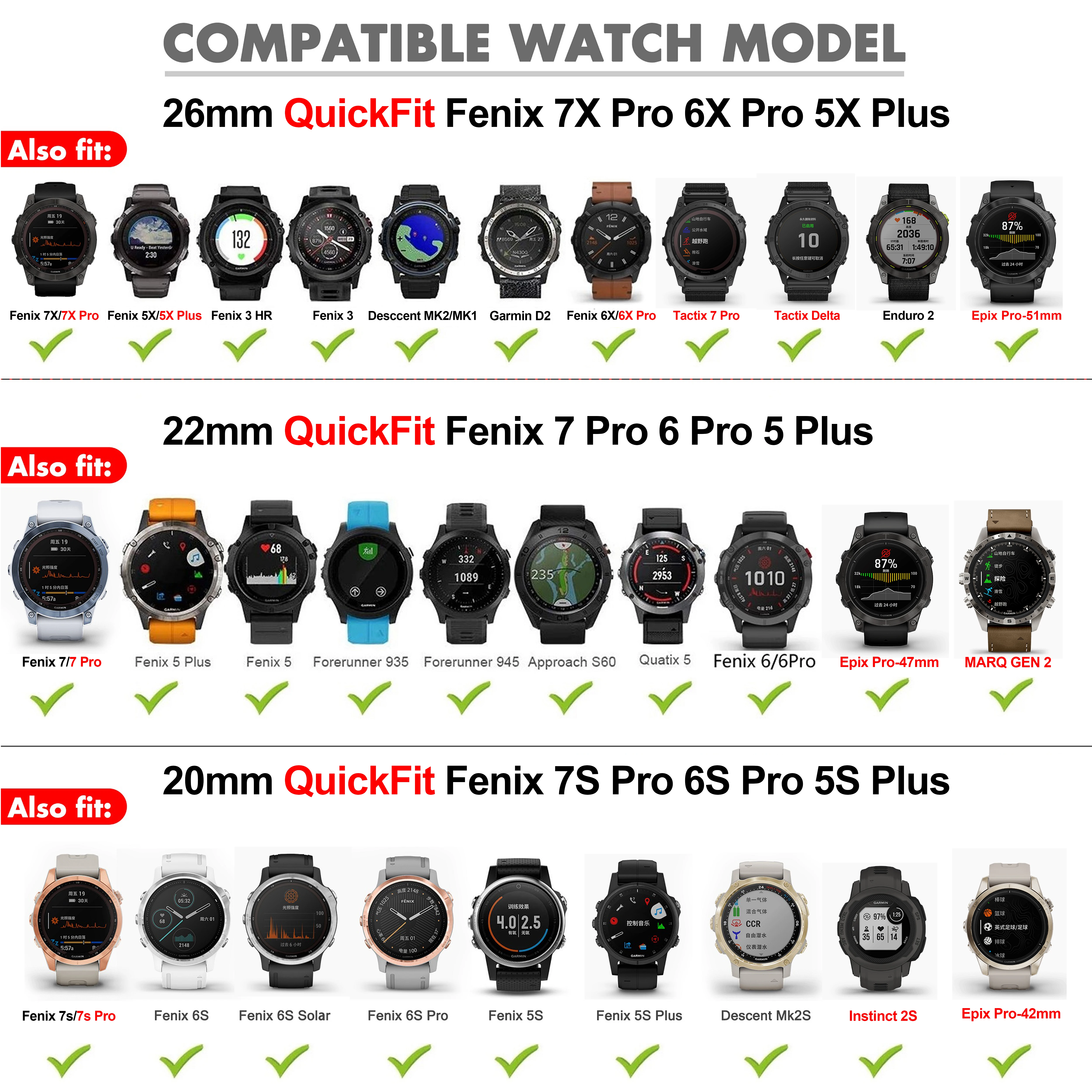 20 22 26mm Silicone QuickFit pour Garmin Fenix 7X Pro 7 7S saphir solaire bracelet de montre intelligente fenix 6X Pro 5X 3HR Epix Gen2 MARQ 965