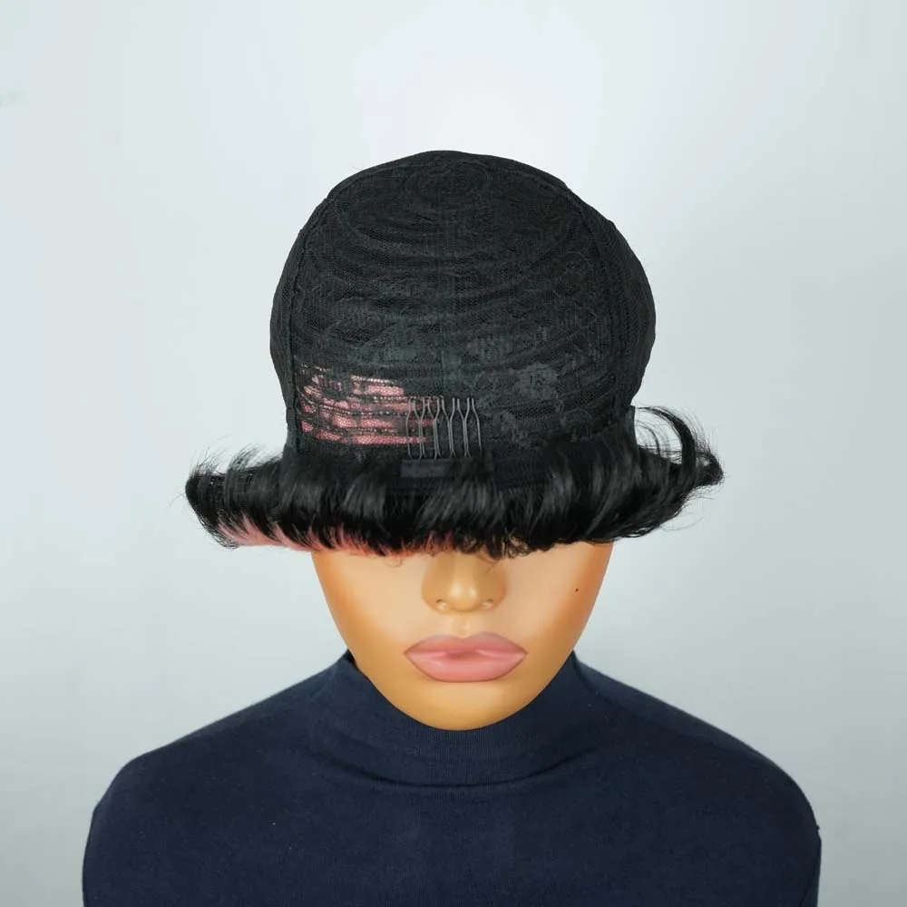 黒人女性用ショートピクシーカットウィッグ レミー人毛ストレート ブラックミックスピンクカラー レイヤードピクシー マシンメイドウィッグ 前髪付き