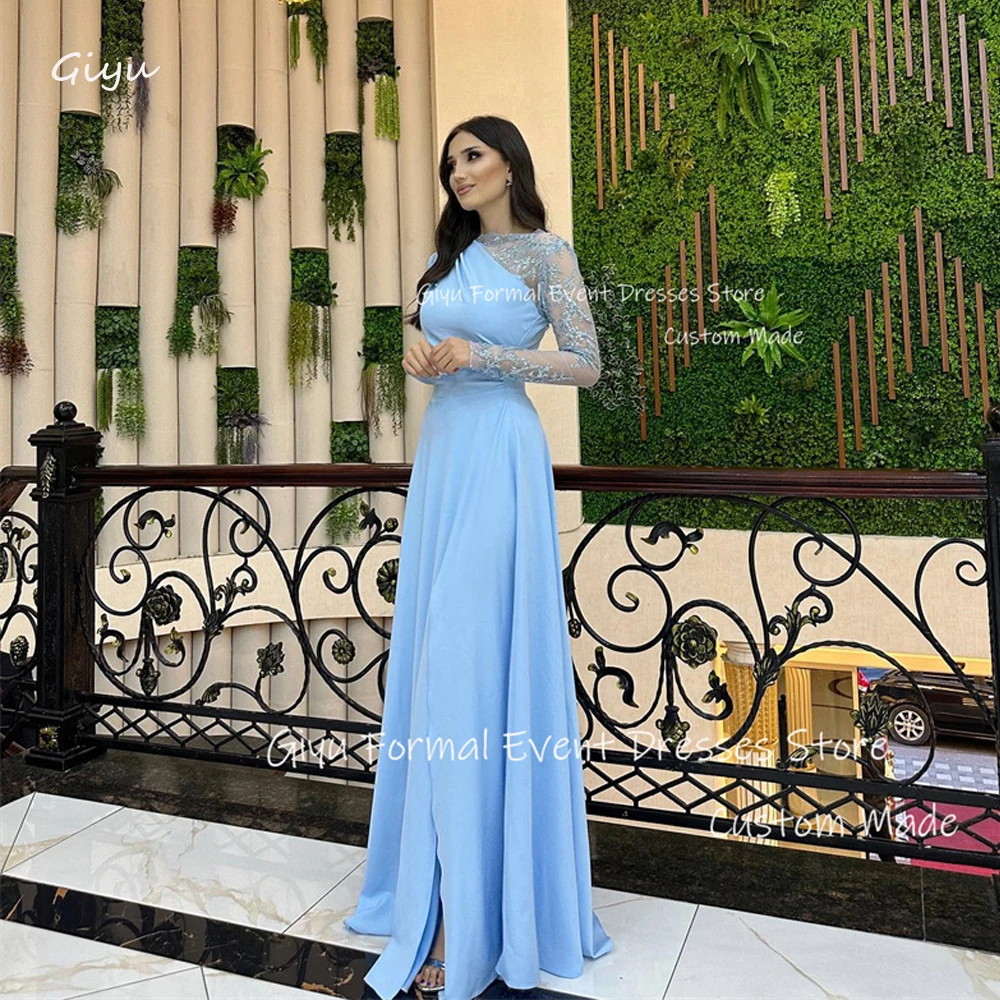 

Giyu Elegant Blue Long Sleeves Evening Dresses Dubai Arabic Women O-Neck Glitter Applique Split Prom Gowwns Formal Occasion