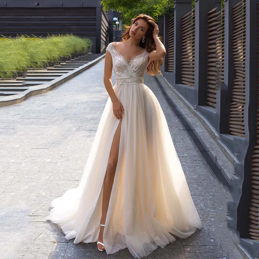 

Exquisite Wedding Dresses Sexy V-Neck Front Slit Cap Sleeve Bridal Gown 2022 Sparkle Beaded Sequins Lace Up Bride Dress Custom