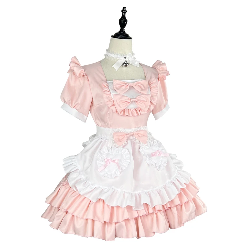 

Japanese Anime Maid Cosplay Costume Pink and and White Lolita Attire Square Neck Short Puff Sleeved Mine Dress Women's Clothing