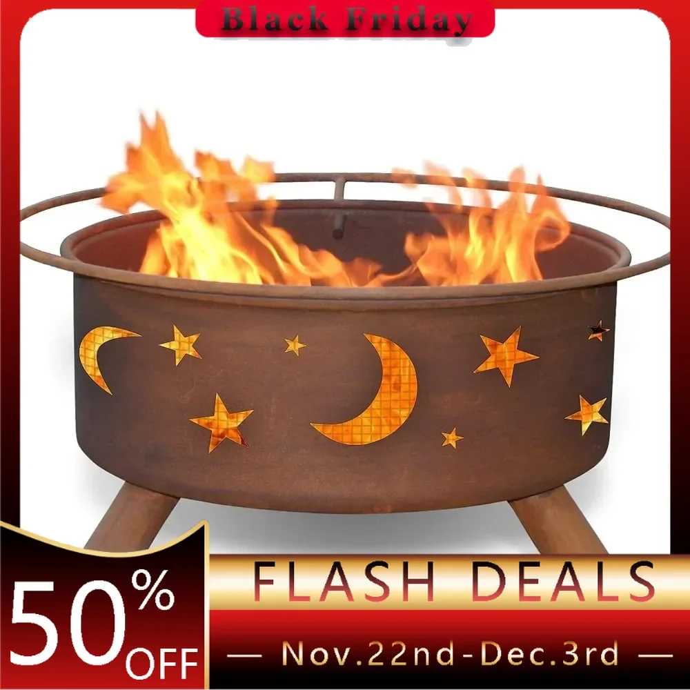 Fire Pit 30 in. Outdoor Wood-Burning Fire Pit, Patio Jack-o-Lantern Motif Round Steel Firepit Large Fire Pits