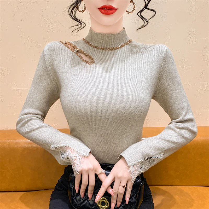 Kant Splice Hollow Out Gebreide Top Dames Slim Fit Hoge Kraag Innerlijke Slijtage Basis Irt Trui Bovenlichaam Koreaanse Sle pendelen