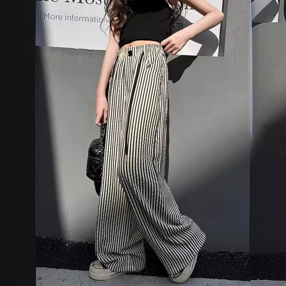 

New 2025 Girls Fashion Summer Thin Striped Wide Leg Pants Kids Loose Trousers Palazzo Pants Teen Spring Casual Clothing