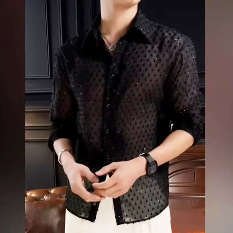 2023 Fall Vintage Fashion Black Dress Shirt Man Shirt Men\'s Hollow Mesh Lace Long Sleeve Loose Casual Shirts Male Streetwear