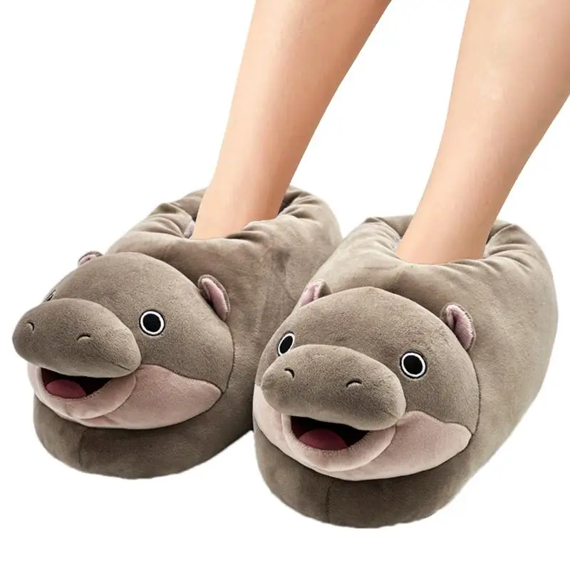 Hippo Animal Slippers Cute Cartoon Stuffed Cotton Slippers Winter Home Anti-Skid Comfort Footwear For Men Women