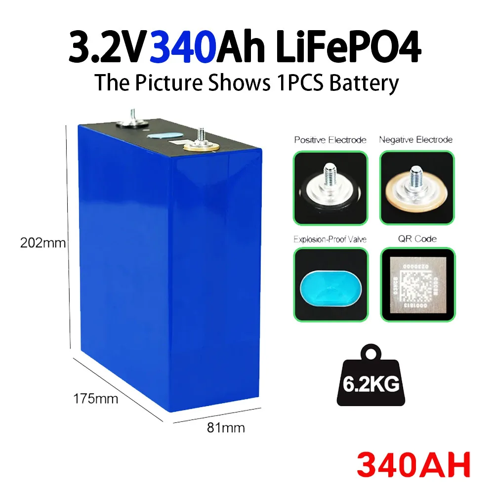 

Высококачественные элементы LiFePO4 340 Ач 3.2В для сборки аккумуляторных блоков 12В 24В 48В для электромобилей, судов, солнечных систем (без НДС)