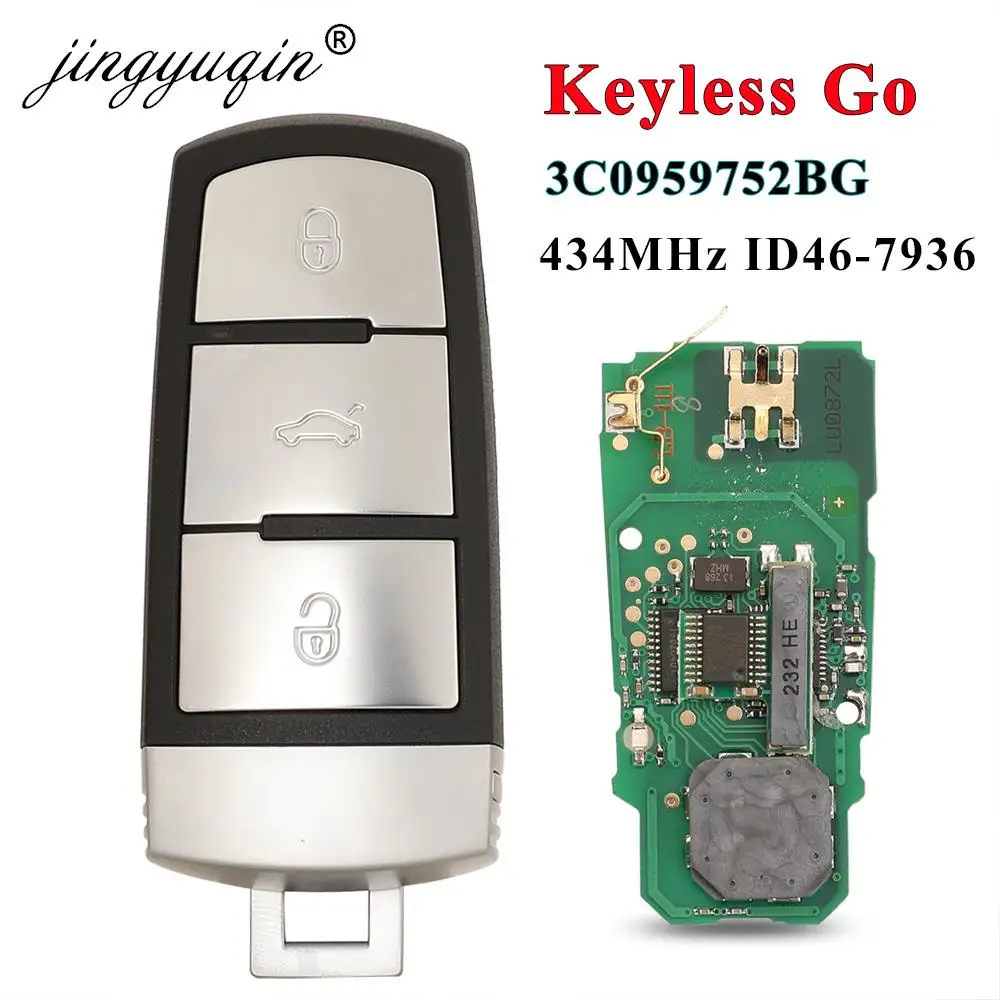 Jingyuqin KeylessGo 3C0 959 752 BG télécommande intelligente porte-clés de voiture 433MHz ID46-7936 pour VW Volkswagen Passat CC 2005-2014