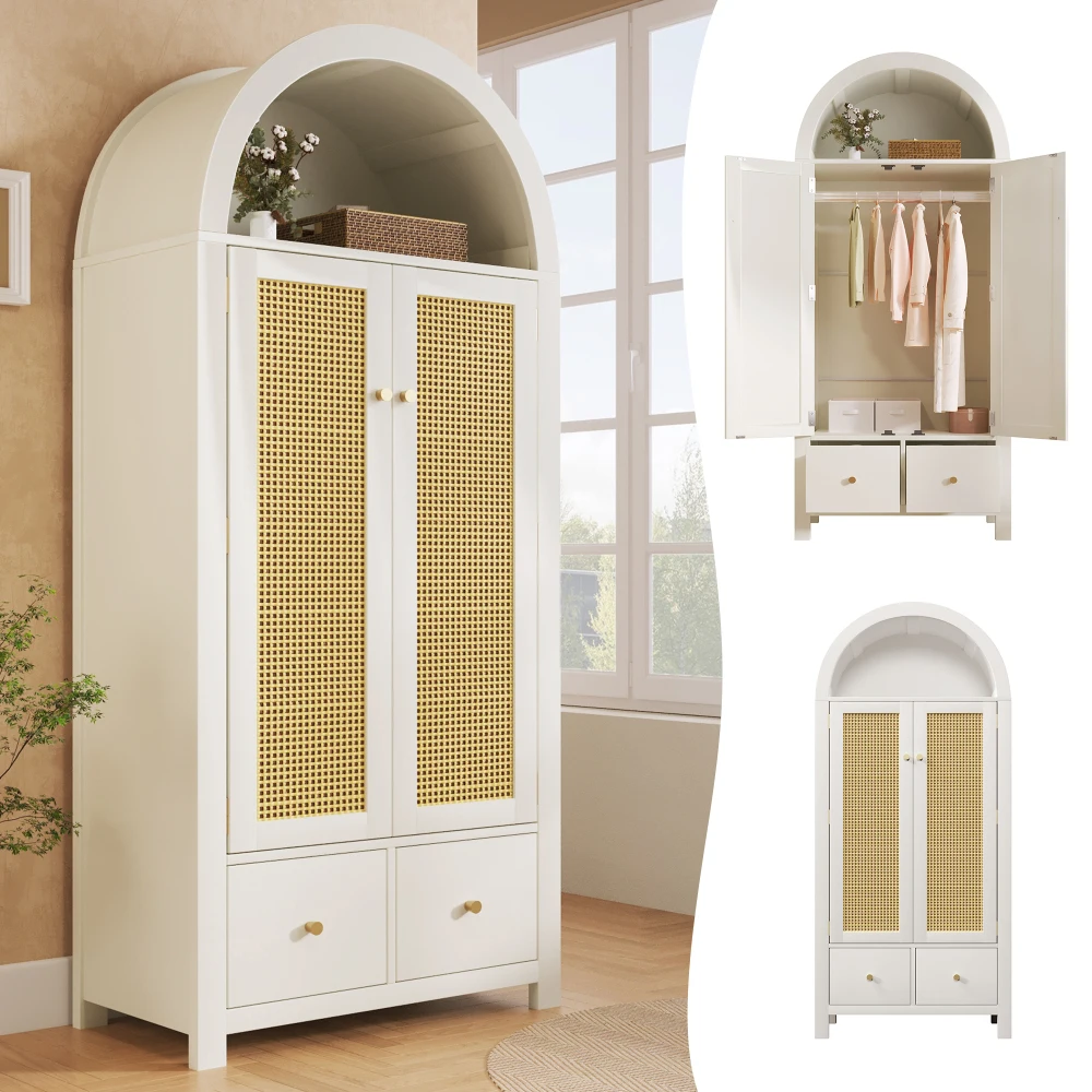 Armoire de style rustique blanche, dimensions 181x78x45 cm, avec étagère ouverte en forme de demi-cercle en rotin tressé, 2 portes magnétiques, 2 tiroirs, barre à vêtements, dispositif anti-basculement, meuble de rangement pour chambre à coucher.