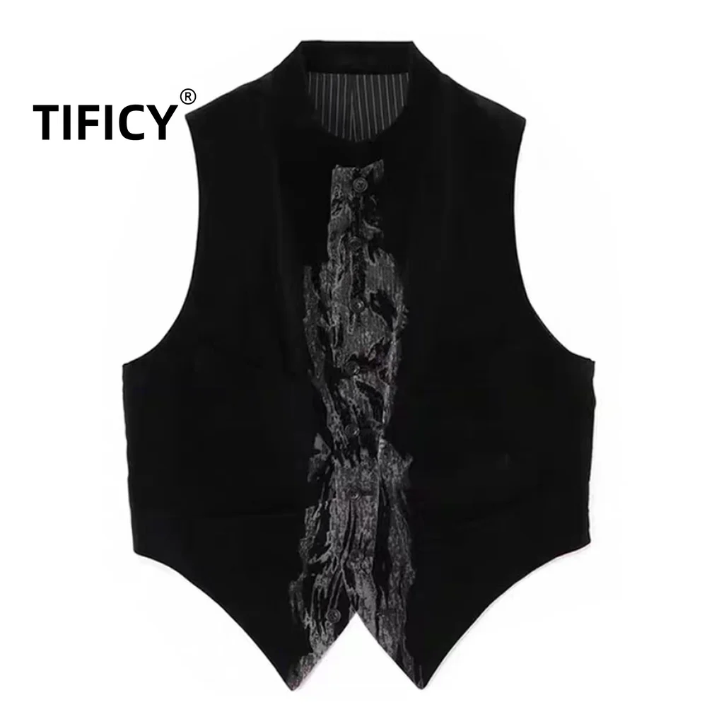 High Street Vest Black Style Men's Tiger Print Multi Pocket Velvet Print Streetwear Vest with Vest and Camisole