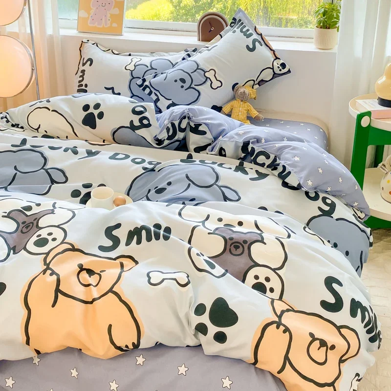 4pcs Cute Cartoon Dog Theme Duvet Cover Boy Girl Bedroom Decor Single Queen Bedding with Sheet Letter Printing Comforter Cover