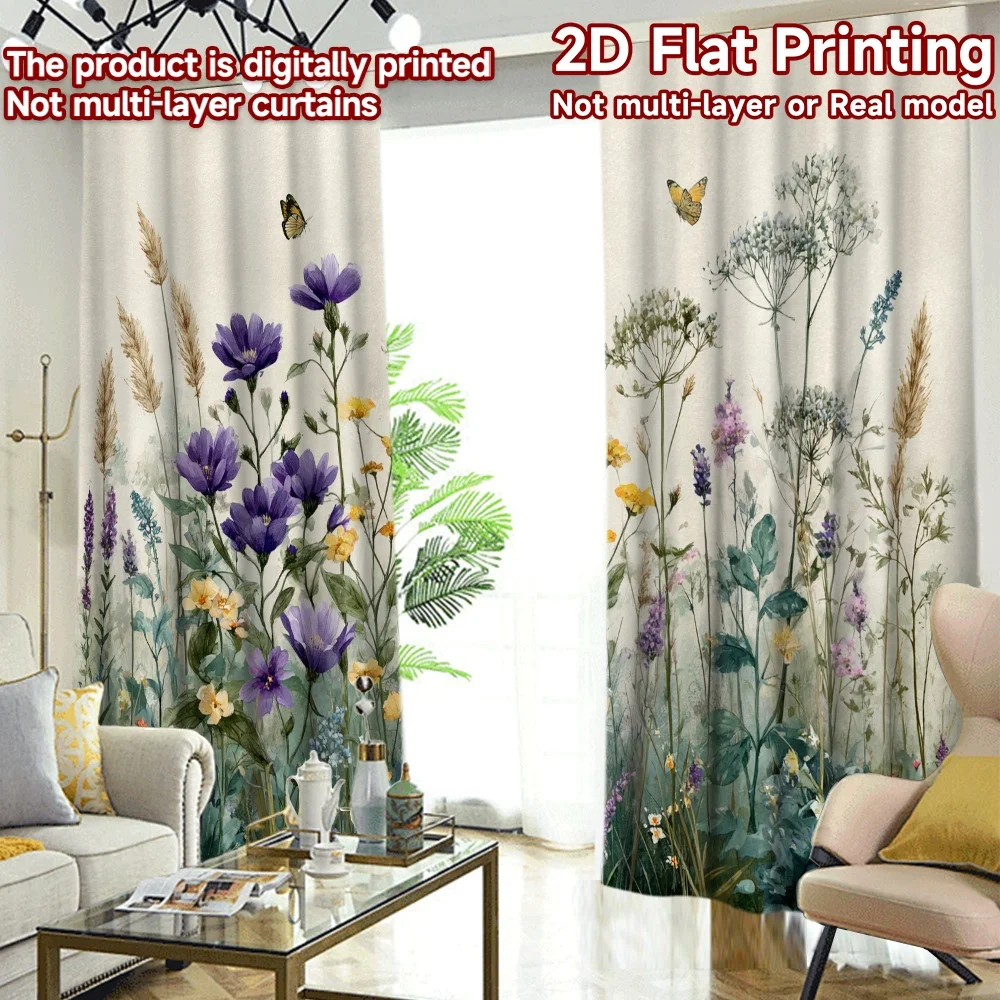 2D FLAT PRINTING 2pcs Curtains (Without Rod) Spring Butterfly Garden(1) Chic Curtain Cloth Polyester Easy Install Curtains