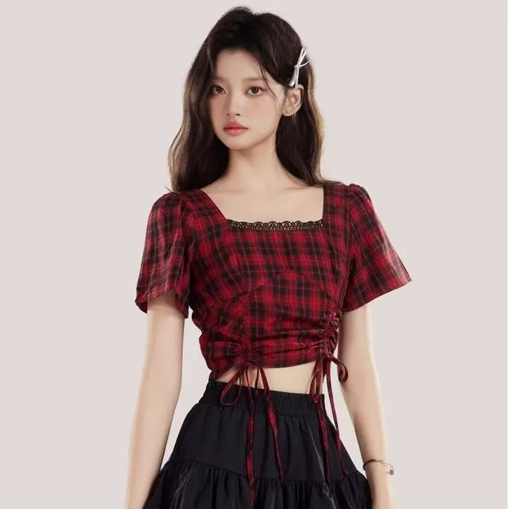 

Korea Crop T-shirts Women Plaid Classic Retro Design Fashion Slim Sexy Puff Sleeve Sweet Summer All-match Ladies Shirring