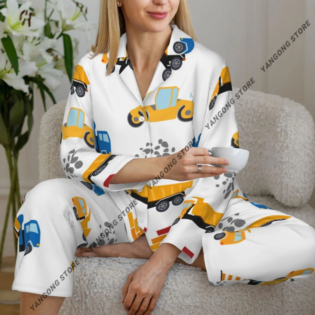 

Женские пижамы с длинными рукавами, домашняя одежда для девочек, комплект из двух предметов, пижама с автомобилем и журавлем на осень-весну