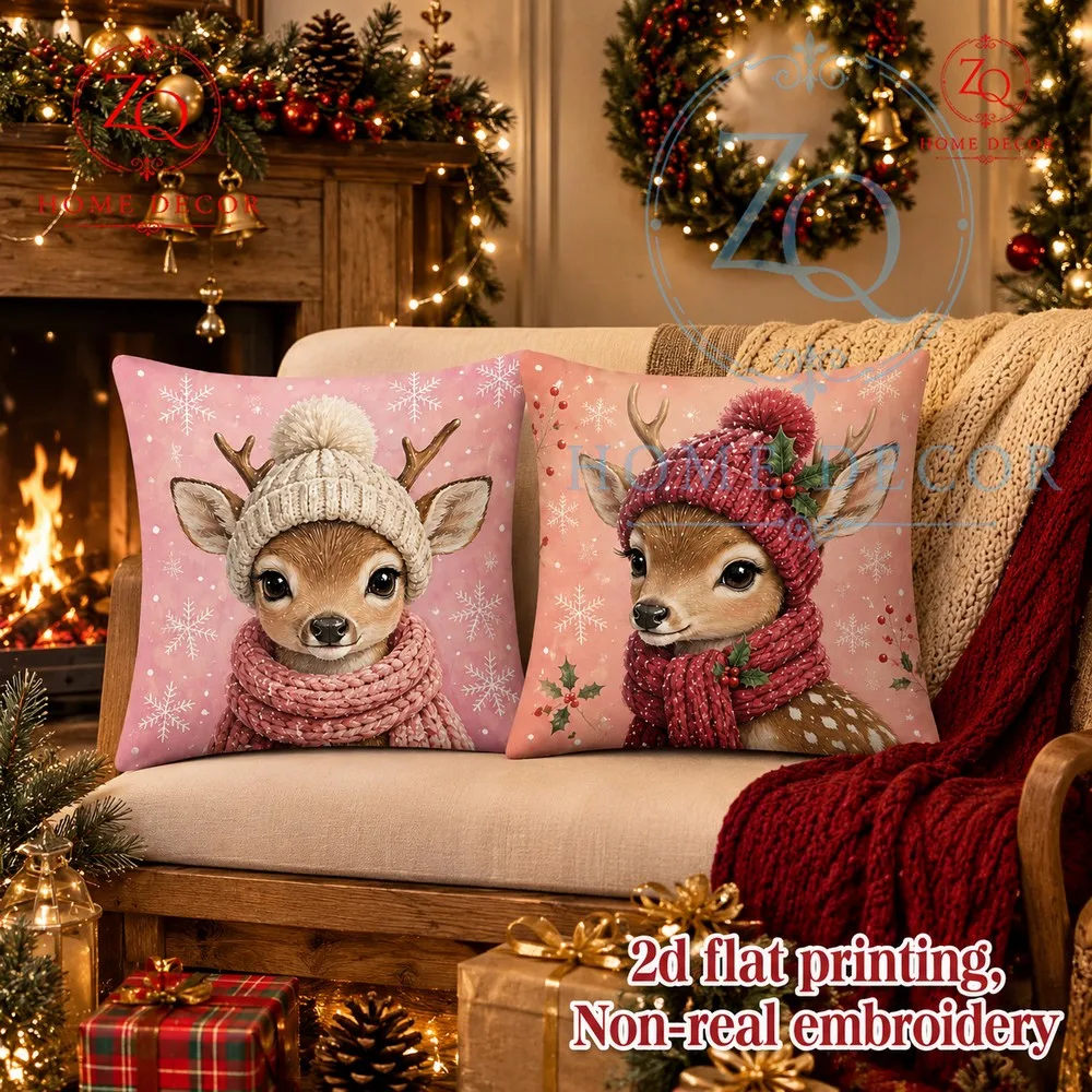 st fluffy pink Christmas reindeer pillowcase with a knitted h  scarf design adorned with snowflakes