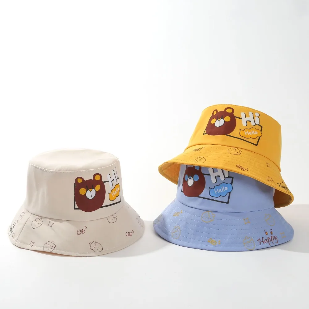 

Cute Bear Fisherman Cap Solid Cotton Breathable Bucket Hat Anti-UV Sunshade Pot Cap Baby