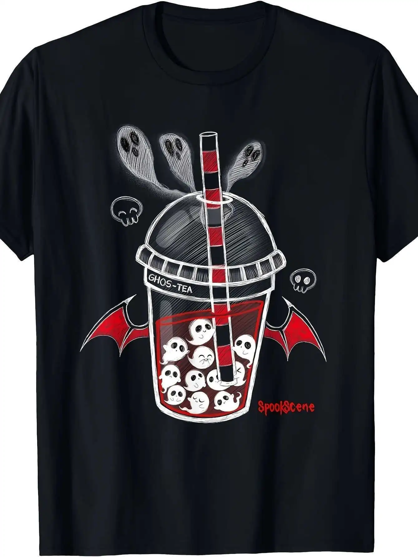 

Spookscene Ghos-Tea Spooky Boba Emo Goth Alt Red T-Shirt 100% Cotton Crew Neck Short Sleeve Tee Casual Fashion Sports Style