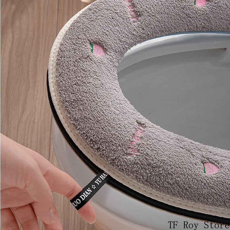 Peach Pattern Thickened Toilet Mat Universal Waterproof Zipper Embroidered Toilet Cover Home Toilet Seat Cushion Four Seasons