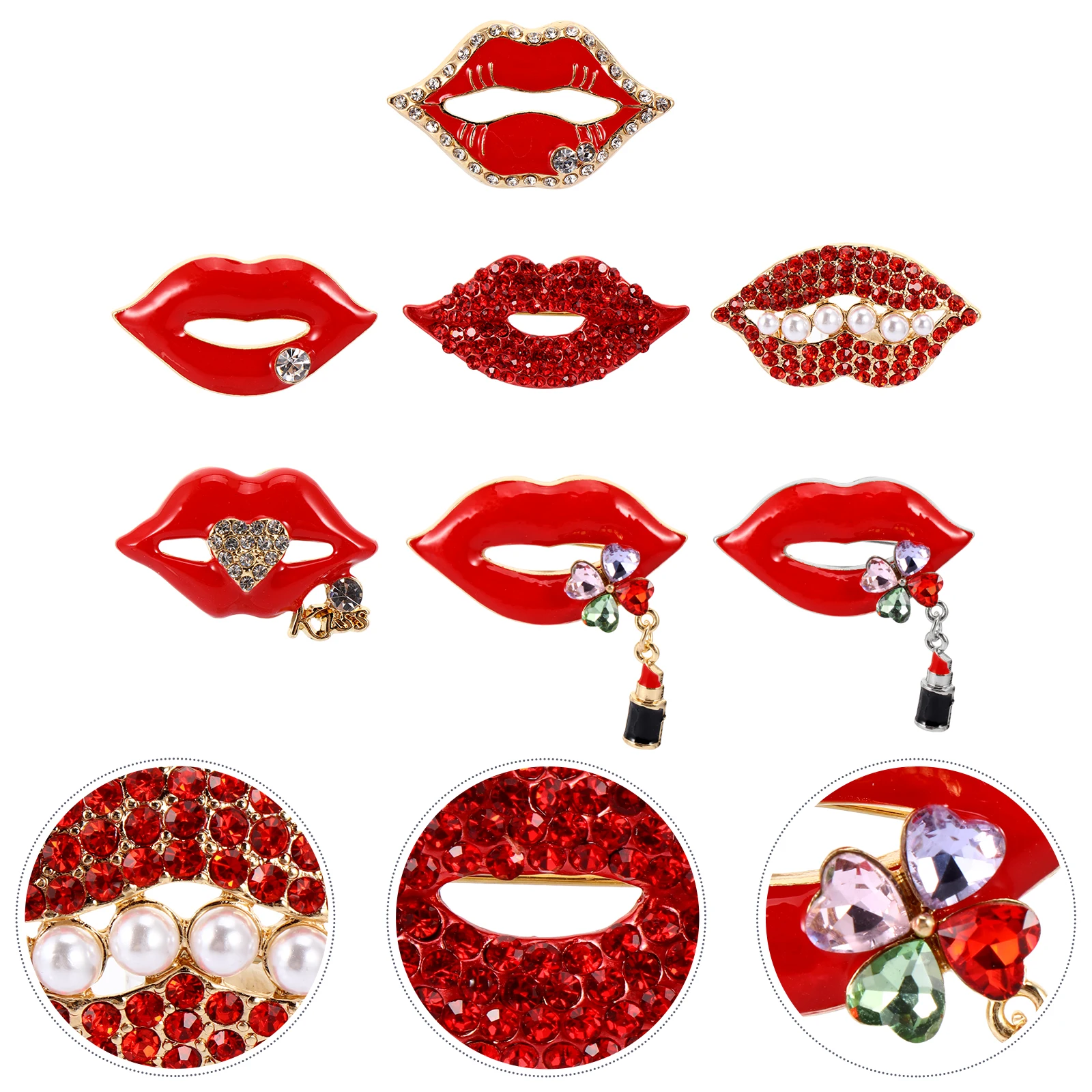 

7pcs Lips Brooch Stylish Rhinestone Chain Pearl Breastpin Fashion Versatile Breastpin Accessories Durable Women Pin