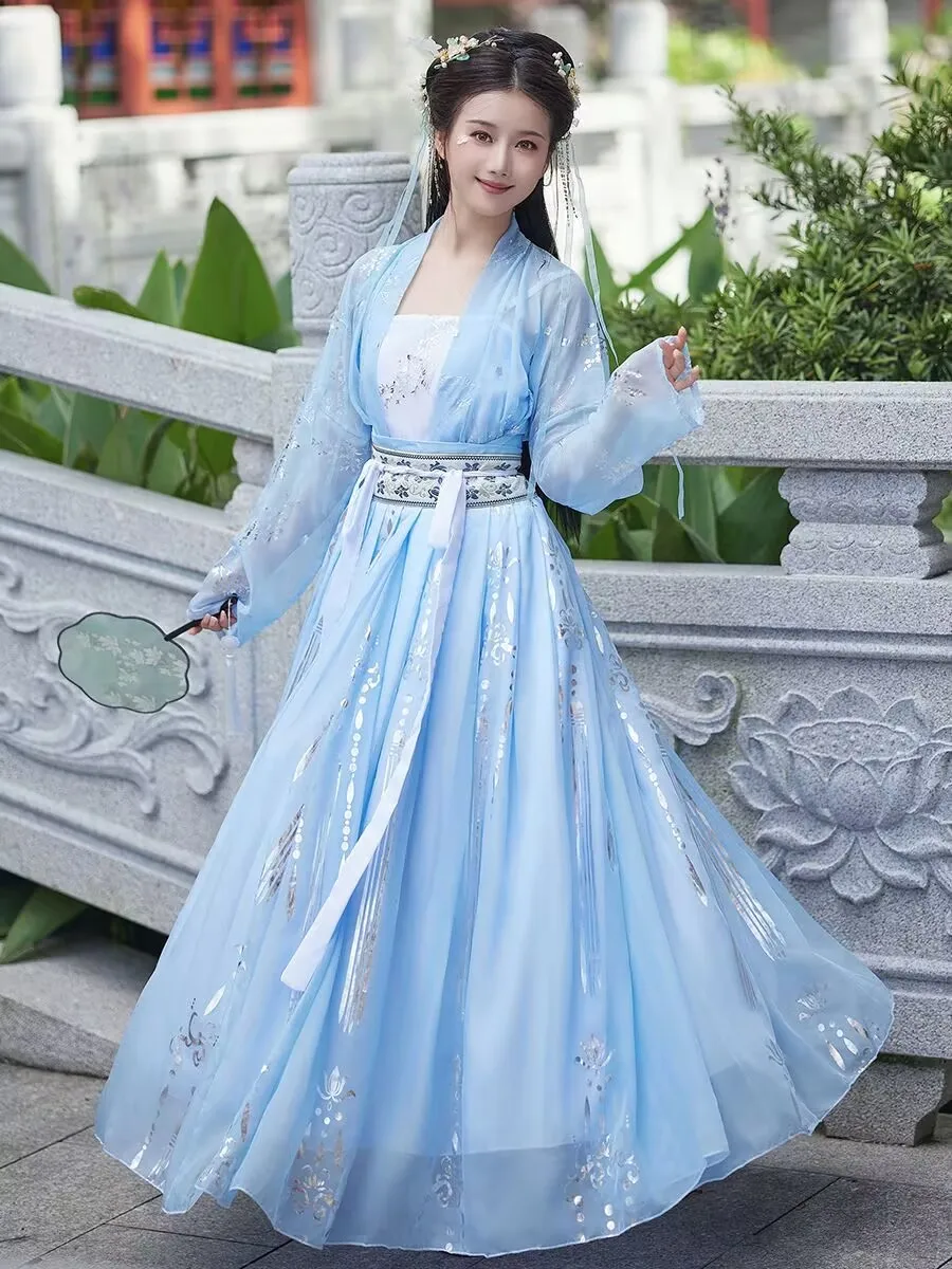 Abito Hanfu cinese di grandi dimensioni 3XL Abito da donna Carnevale Fata Costume cosplay Abito da festa Vintage Dinastia Tang Blu Hanfu Taglie forti